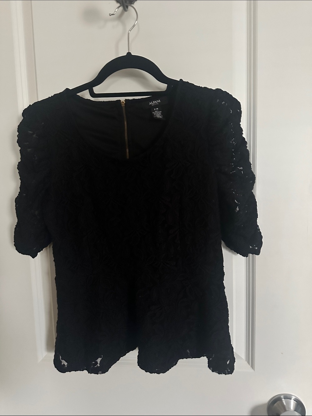 Alfani Black Lace Short-Sleeve Blouse with Back Zip
